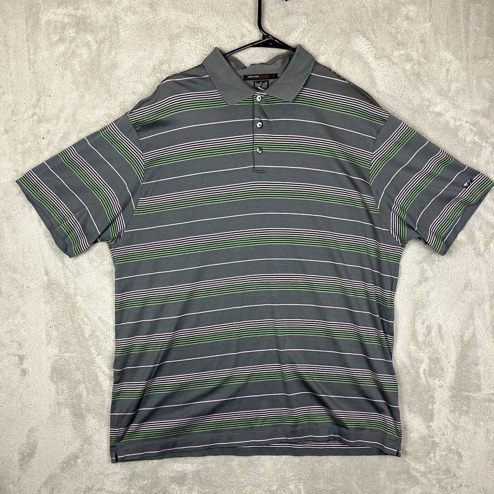 Nike Tiger‎ Woods Shirt Mens XL Gray Green Pink Stripe Golf Polo Dri Fit Stretch